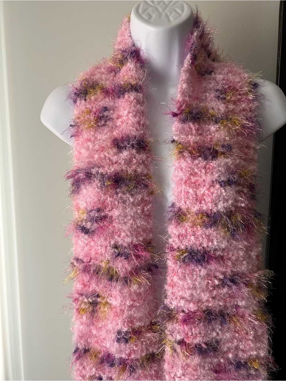 Cozy Pink Textured Fringe Scarf with Multicolor Accents - Picture 2 of 2